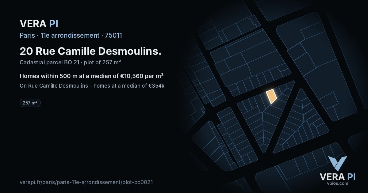 20 Rue Camille Desmoulins, 11e arrondissement at night – the plot lit, the parcels around coloured by the prices near them