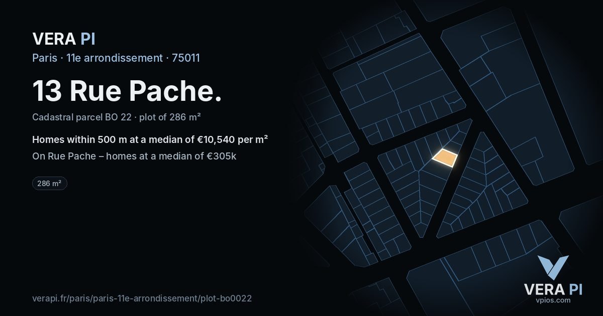 13 Rue Pache, 11e arrondissement at night – the plot lit, the parcels around coloured by the prices near them