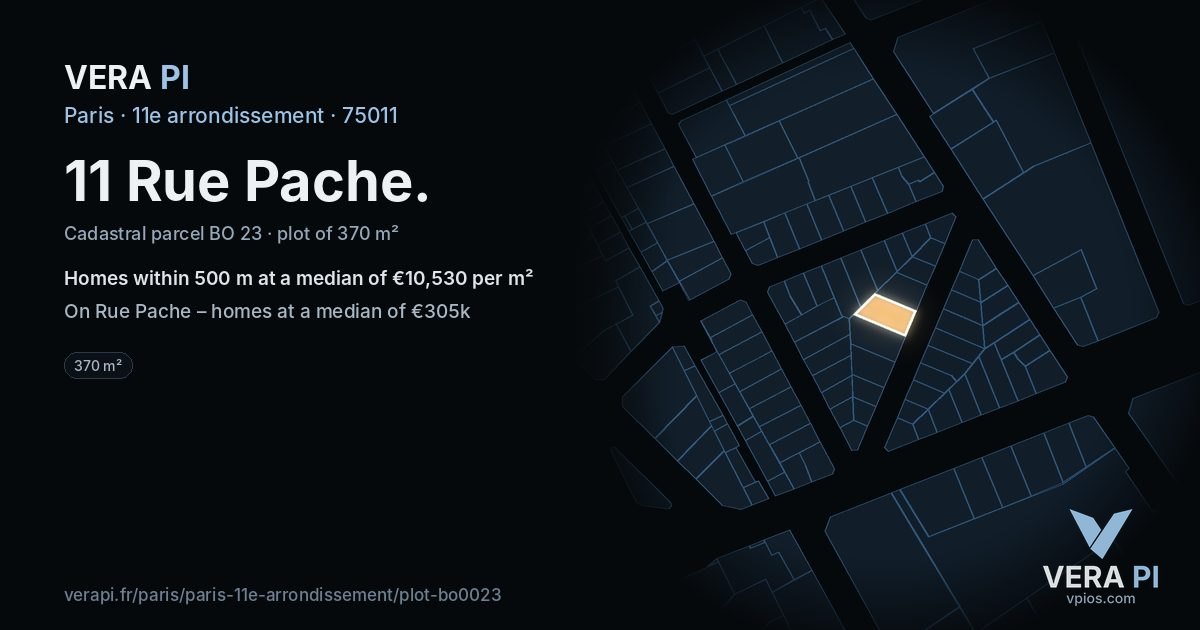 11 Rue Pache, 11e arrondissement at night – the plot lit, the parcels around coloured by the prices near them