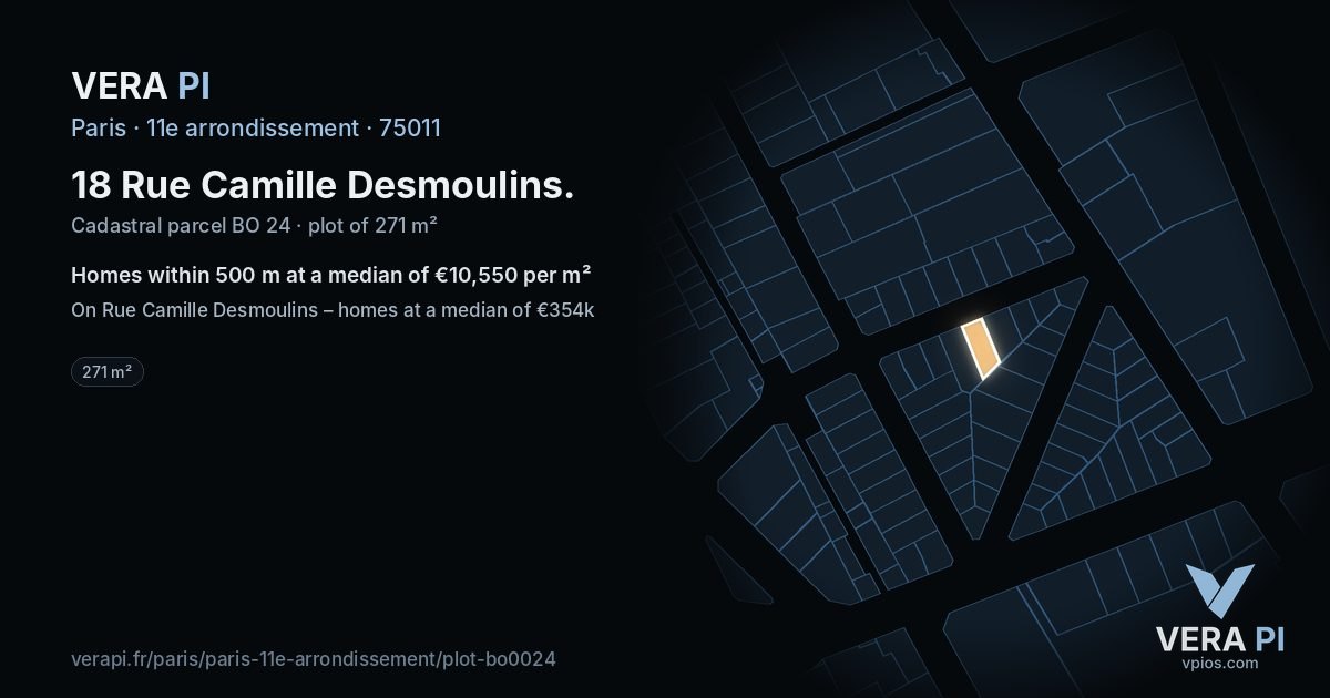 18 Rue Camille Desmoulins, 11e arrondissement at night – the plot lit, the parcels around coloured by the prices near them