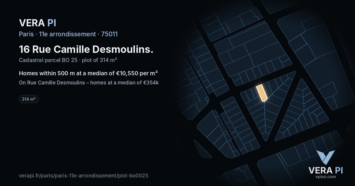 16 Rue Camille Desmoulins, 11e arrondissement at night – the plot lit, the parcels around coloured by the prices near them