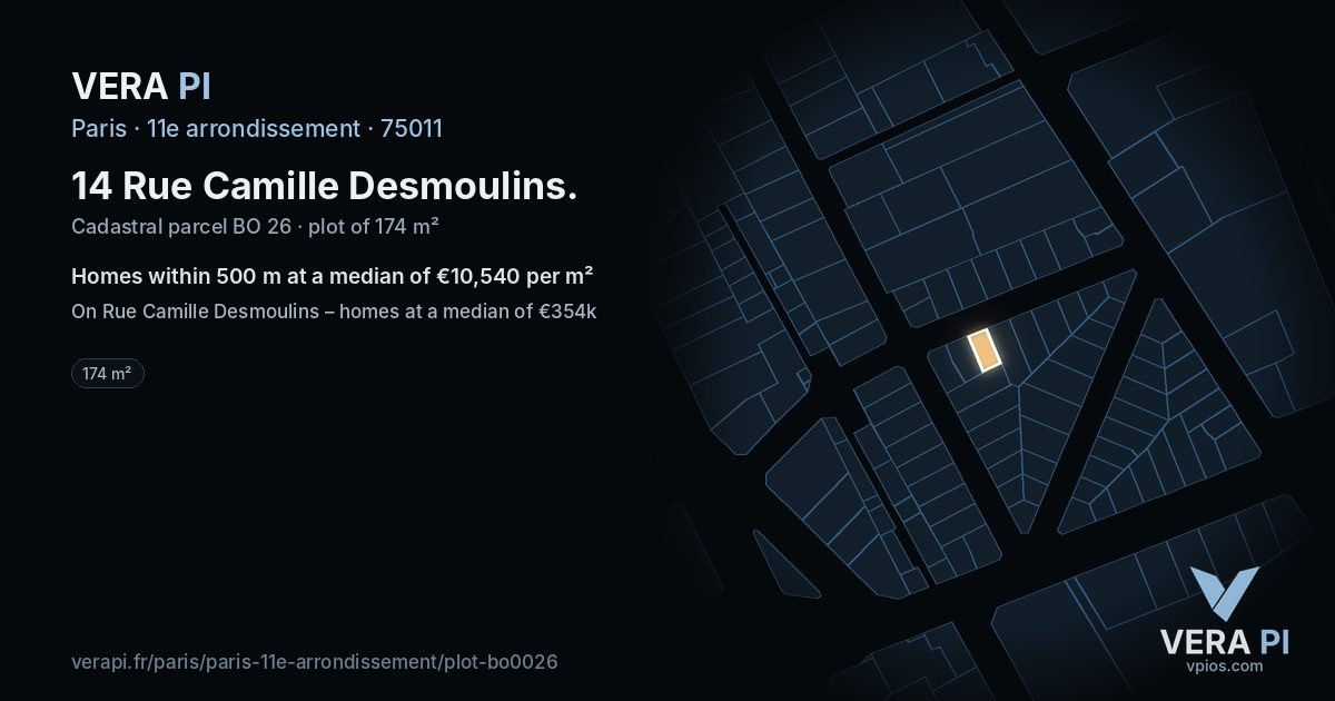 14 Rue Camille Desmoulins, 11e arrondissement at night – the plot lit, the parcels around coloured by the prices near them