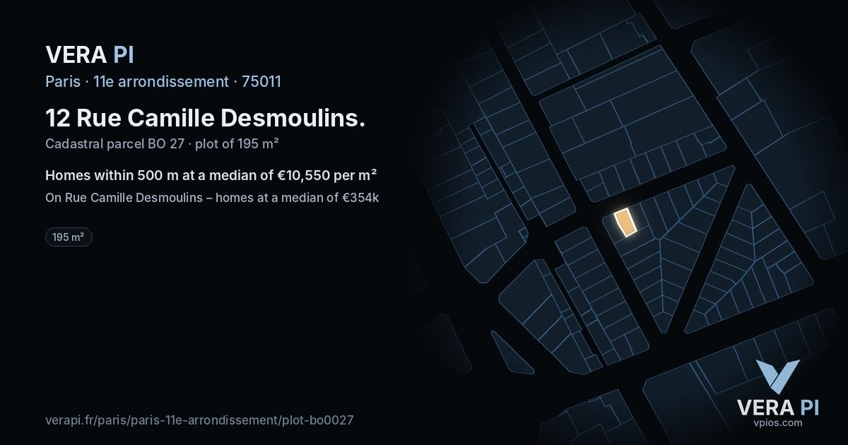 12 Rue Camille Desmoulins, 11e arrondissement at night – the plot lit, the parcels around coloured by the prices near them