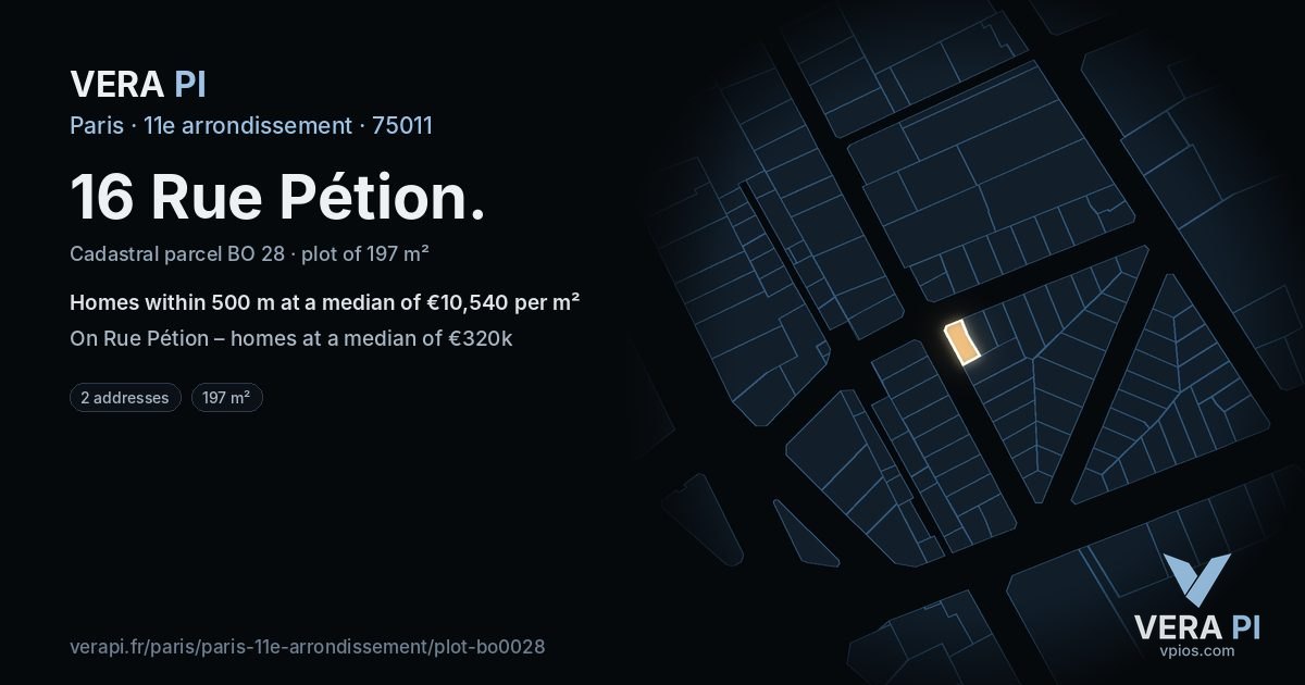 16 Rue Pétion, 11e arrondissement at night – the plot lit, the parcels around coloured by the prices near them