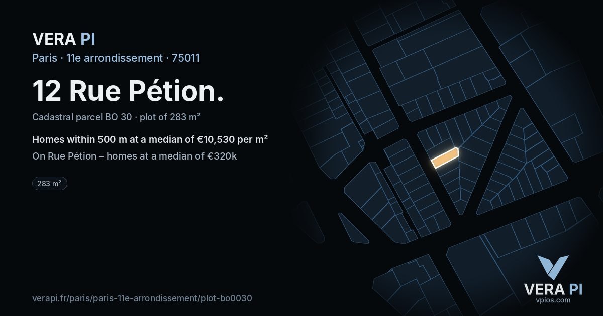 12 Rue Pétion, 11e arrondissement at night – the plot lit, the parcels around coloured by the prices near them
