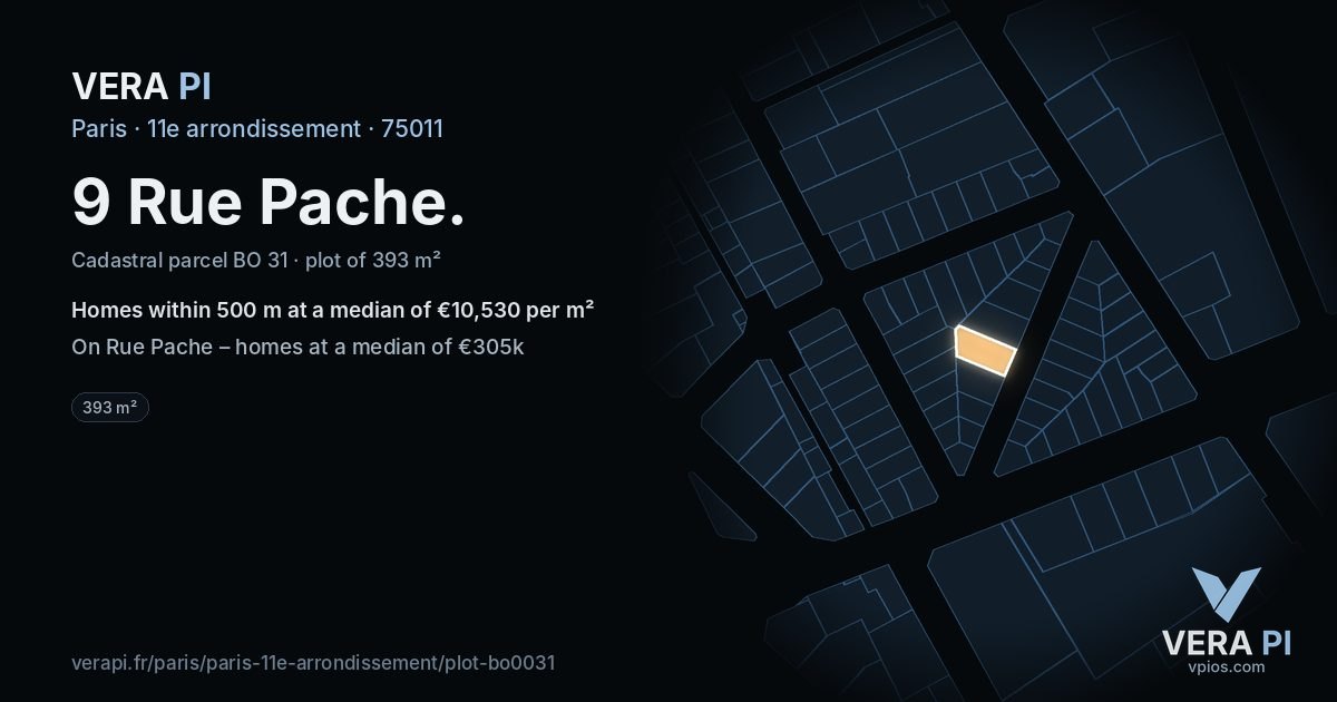9 Rue Pache, 11e arrondissement at night – the plot lit, the parcels around coloured by the prices near them