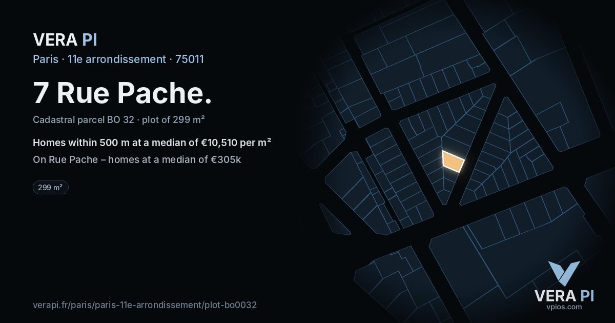 7 Rue Pache, 11e arrondissement at night – the plot lit, the parcels around coloured by the prices near them