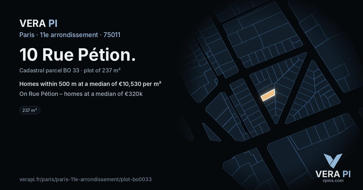 10 Rue Pétion, 11e arrondissement at night – the plot lit, the parcels around coloured by the prices near them