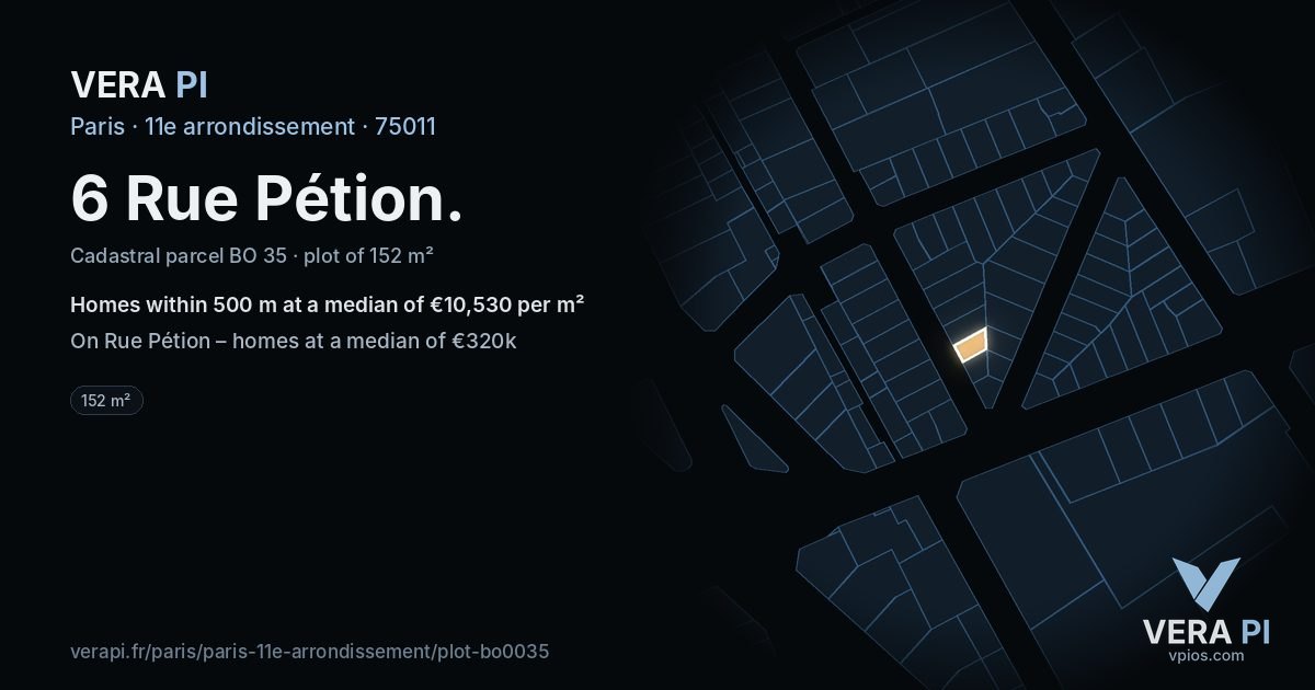 6 Rue Pétion, 11e arrondissement at night – the plot lit, the parcels around coloured by the prices near them
