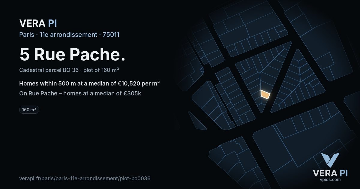 5 Rue Pache, 11e arrondissement at night – the plot lit, the parcels around coloured by the prices near them