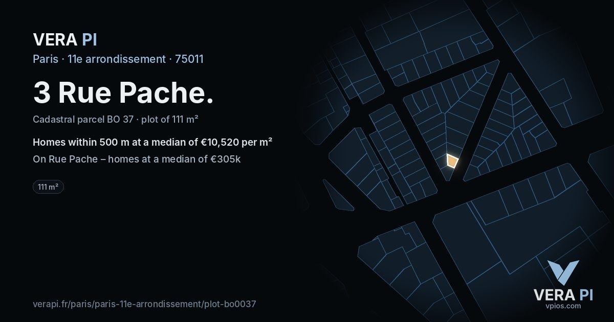 3 Rue Pache, 11e arrondissement at night – the plot lit, the parcels around coloured by the prices near them
