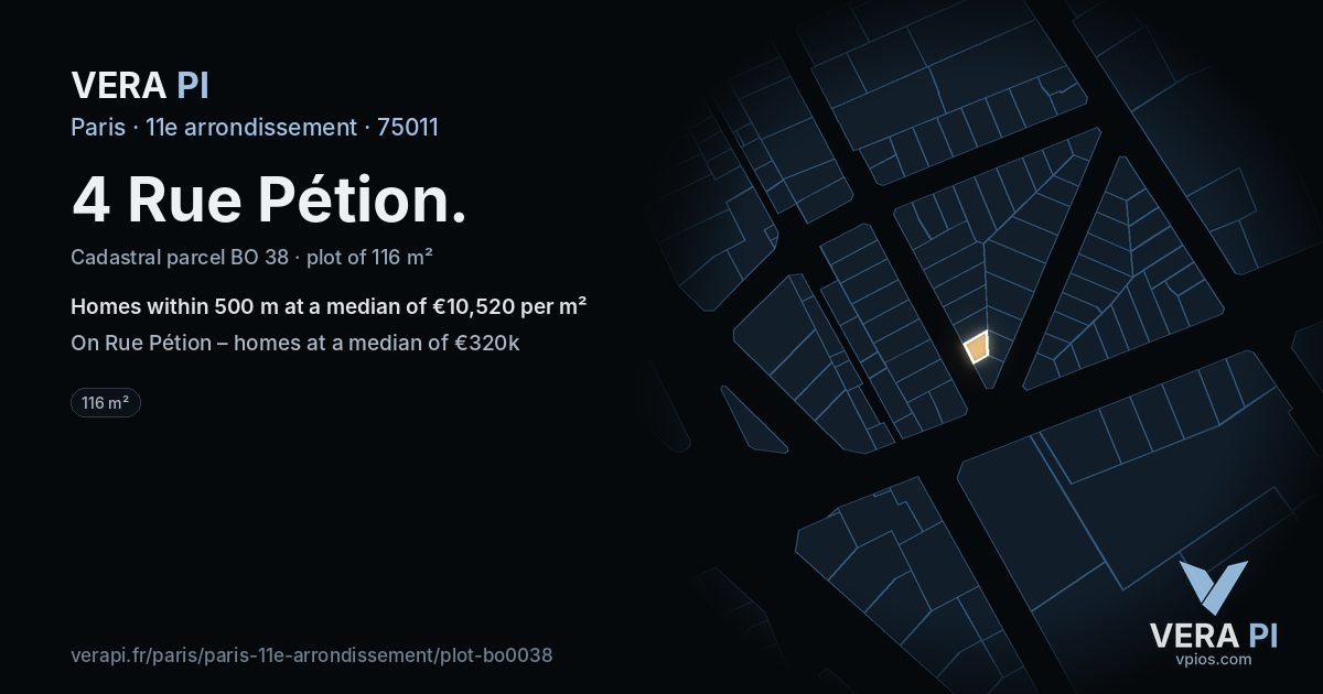 4 Rue Pétion, 11e arrondissement at night – the plot lit, the parcels around coloured by the prices near them