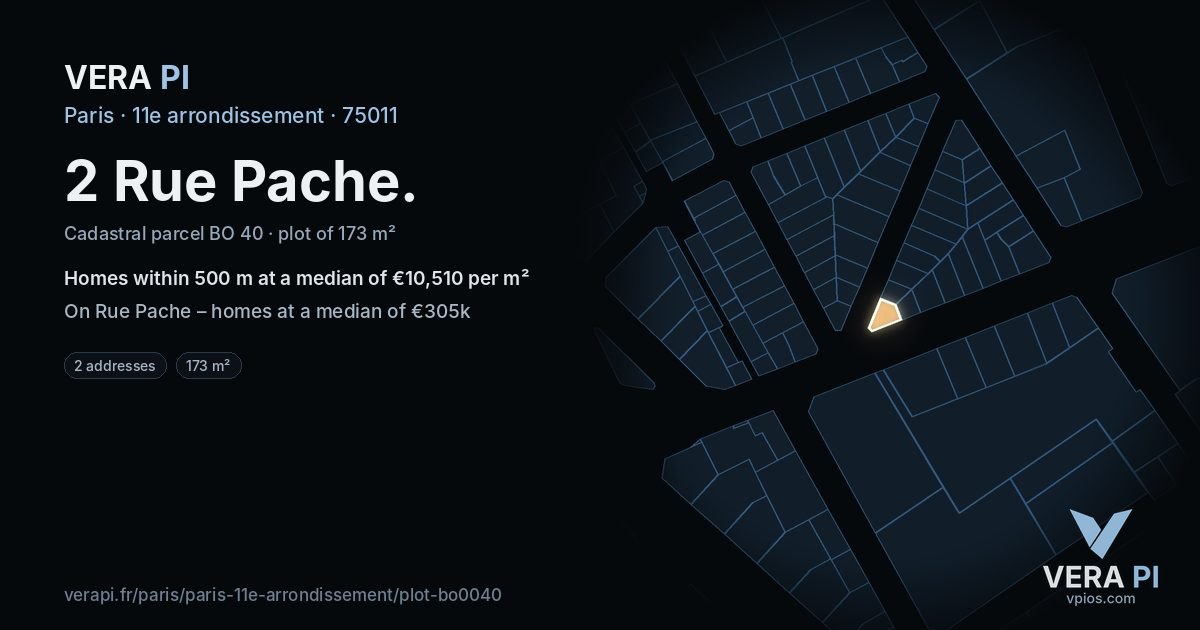 2 Rue Pache, 11e arrondissement at night – the plot lit, the parcels around coloured by the prices near them