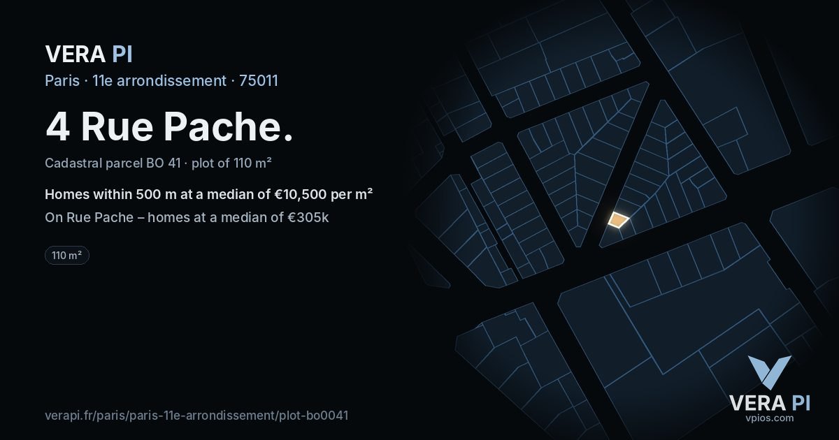 4 Rue Pache, 11e arrondissement at night – the plot lit, the parcels around coloured by the prices near them