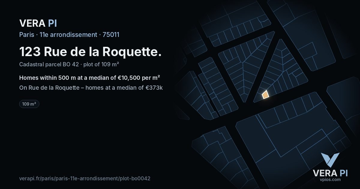 123 Rue de la Roquette, 11e arrondissement at night – the plot lit, the parcels around coloured by the prices near them