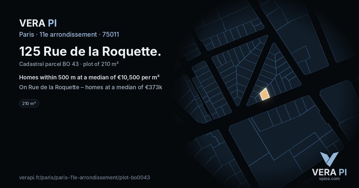 125 Rue de la Roquette, 11e arrondissement at night – the plot lit, the parcels around coloured by the prices near them