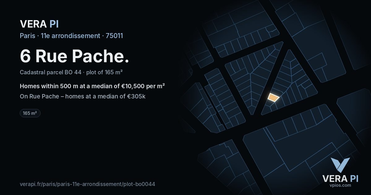 6 Rue Pache, 11e arrondissement at night – the plot lit, the parcels around coloured by the prices near them
