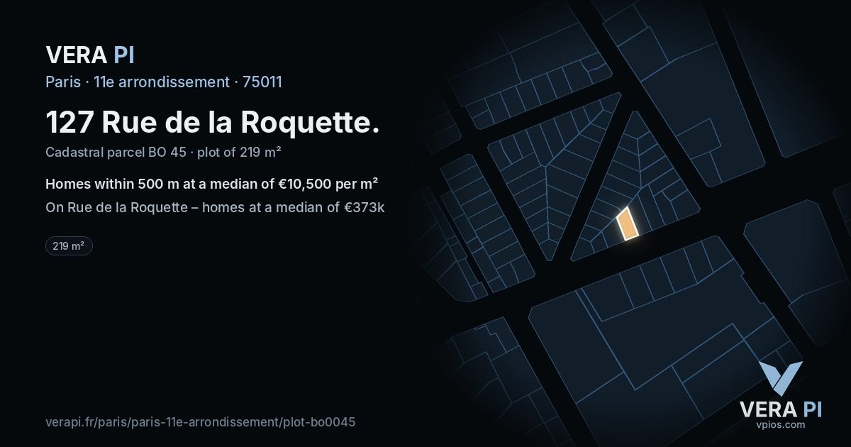 127 Rue de la Roquette, 11e arrondissement at night – the plot lit, the parcels around coloured by the prices near them