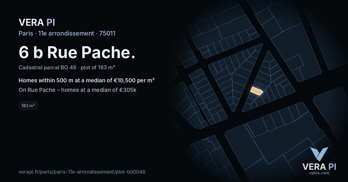 6 b Rue Pache, 11e arrondissement at night – the plot lit, the parcels around coloured by the prices near them