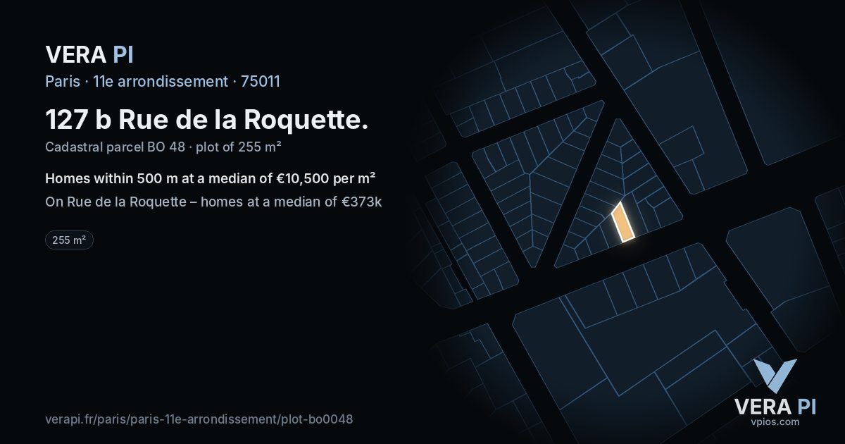 127 b Rue de la Roquette, 11e arrondissement at night – the plot lit, the parcels around coloured by the prices near them