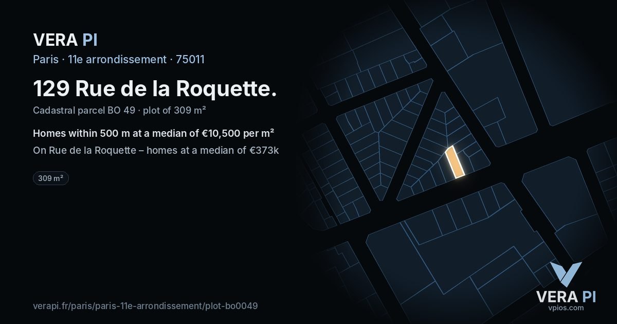 129 Rue de la Roquette, 11e arrondissement at night – the plot lit, the parcels around coloured by the prices near them