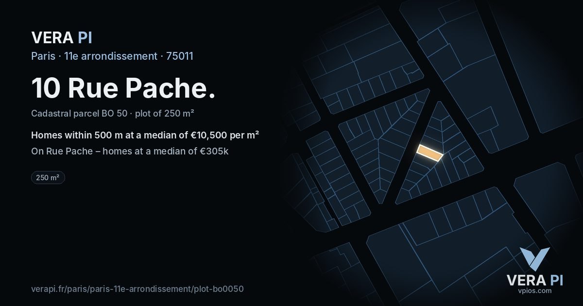 10 Rue Pache, 11e arrondissement at night – the plot lit, the parcels around coloured by the prices near them