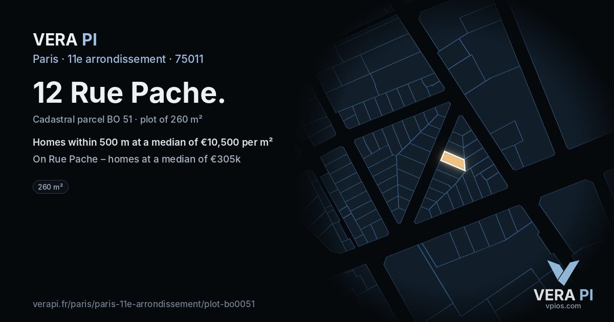 12 Rue Pache, 11e arrondissement at night – the plot lit, the parcels around coloured by the prices near them