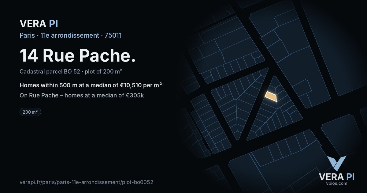 14 Rue Pache, 11e arrondissement at night – the plot lit, the parcels around coloured by the prices near them
