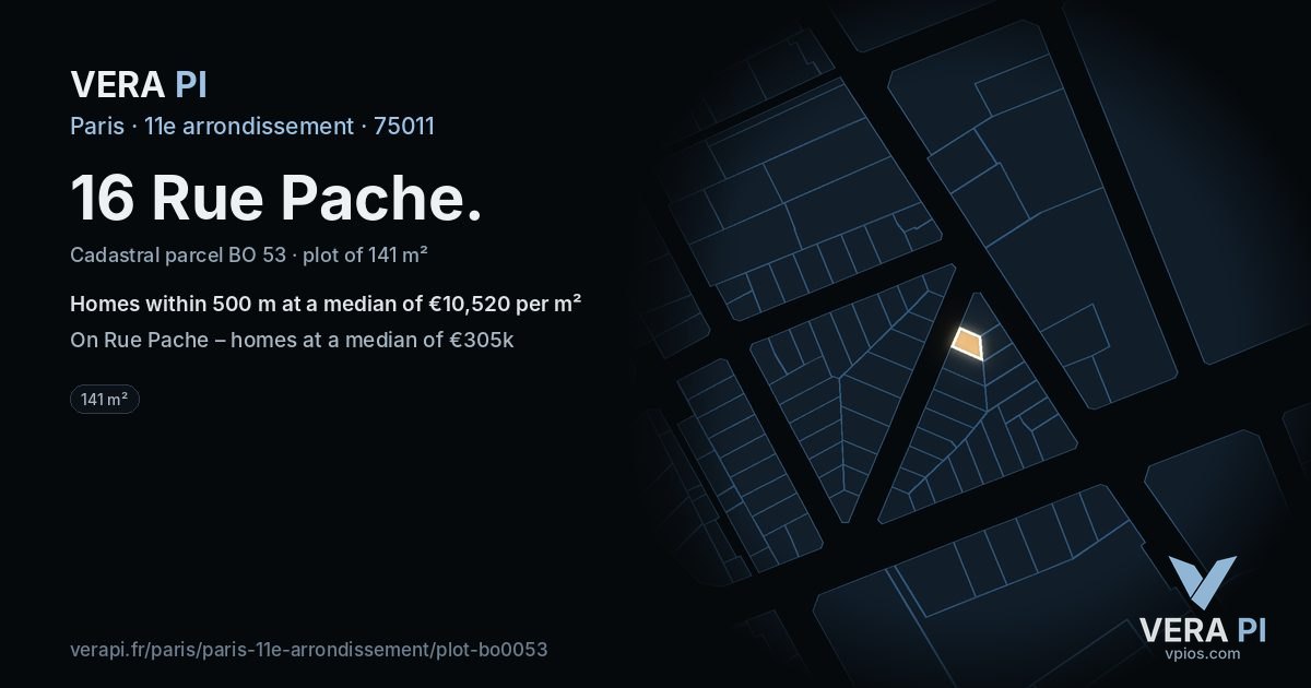 16 Rue Pache, 11e arrondissement at night – the plot lit, the parcels around coloured by the prices near them