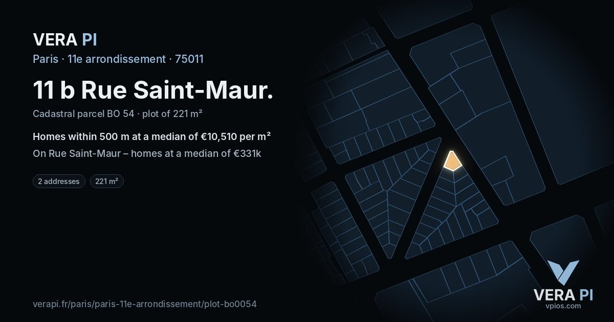 11 b Rue Saint-Maur, 11e arrondissement at night – the plot lit, the parcels around coloured by the prices near them
