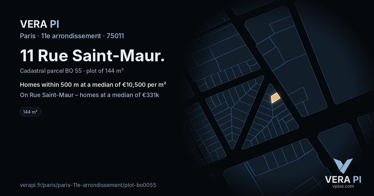 11 Rue Saint-Maur, 11e arrondissement at night – the plot lit, the parcels around coloured by the prices near them