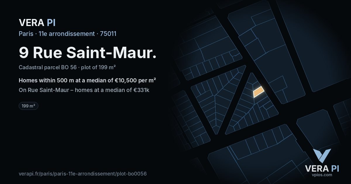 9 Rue Saint-Maur, 11e arrondissement at night – the plot lit, the parcels around coloured by the prices near them
