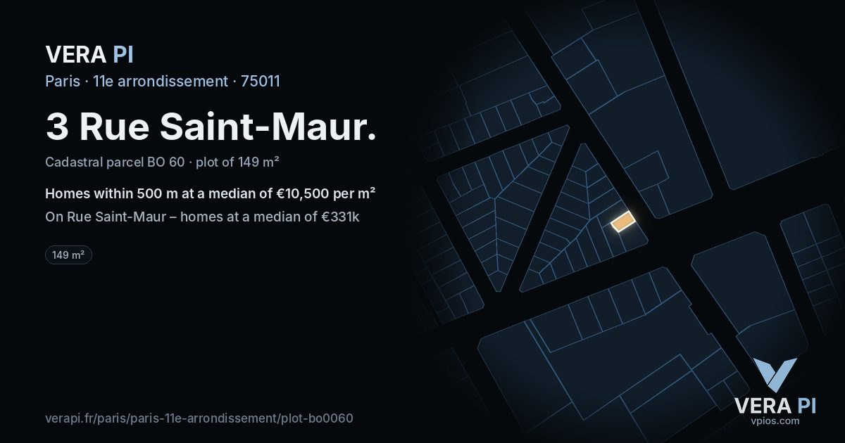 3 Rue Saint-Maur, 11e arrondissement at night – the plot lit, the parcels around coloured by the prices near them