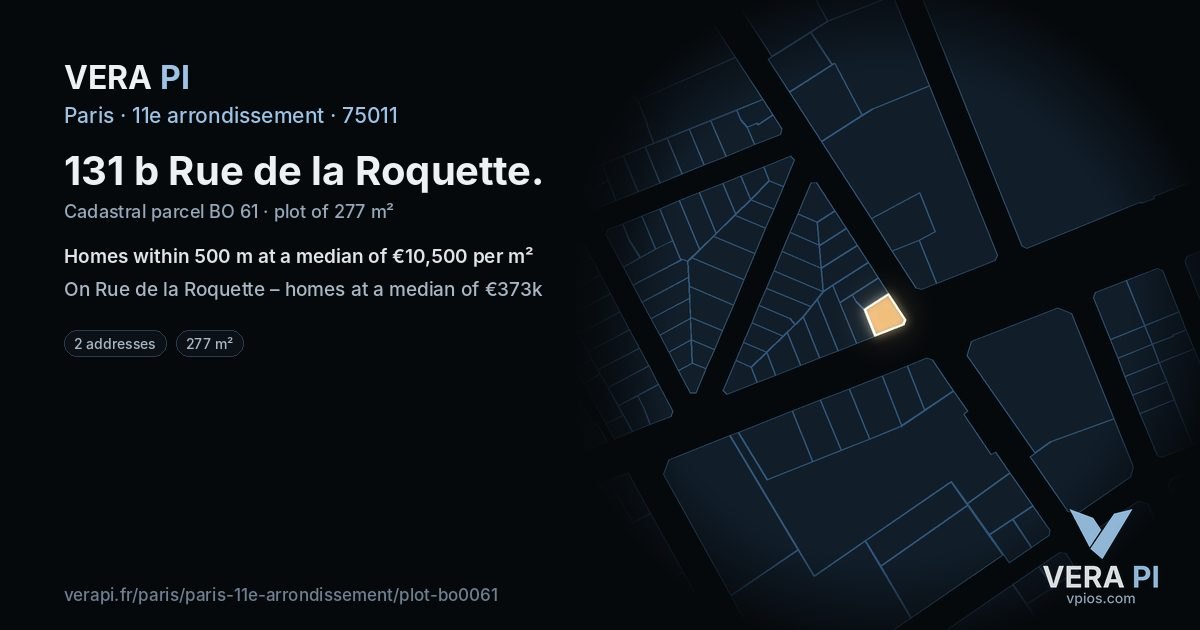 131 b Rue de la Roquette, 11e arrondissement at night – the plot lit, the parcels around coloured by the prices near them