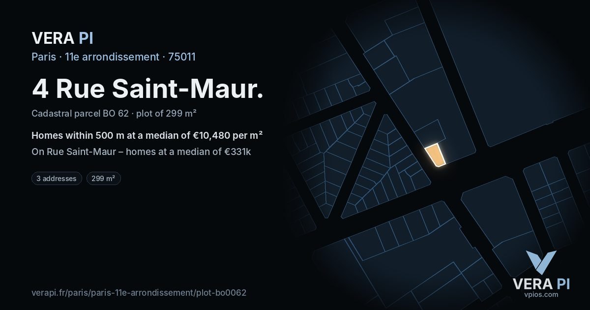 4 Rue Saint-Maur, 11e arrondissement at night – the plot lit, the parcels around coloured by the prices near them