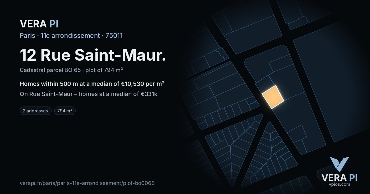 12 Rue Saint-Maur, 11e arrondissement at night – the plot lit, the parcels around coloured by the prices near them