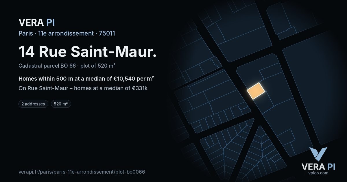 14 Rue Saint-Maur, 11e arrondissement at night – the plot lit, the parcels around coloured by the prices near them
