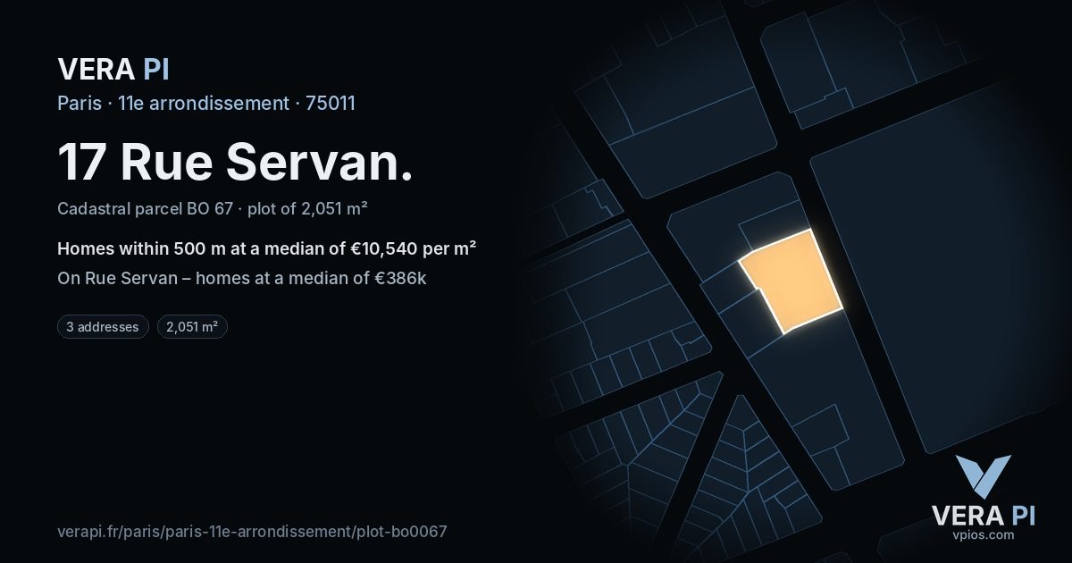 17 Rue Servan, 11e arrondissement at night – the plot lit, the parcels around coloured by the prices near them