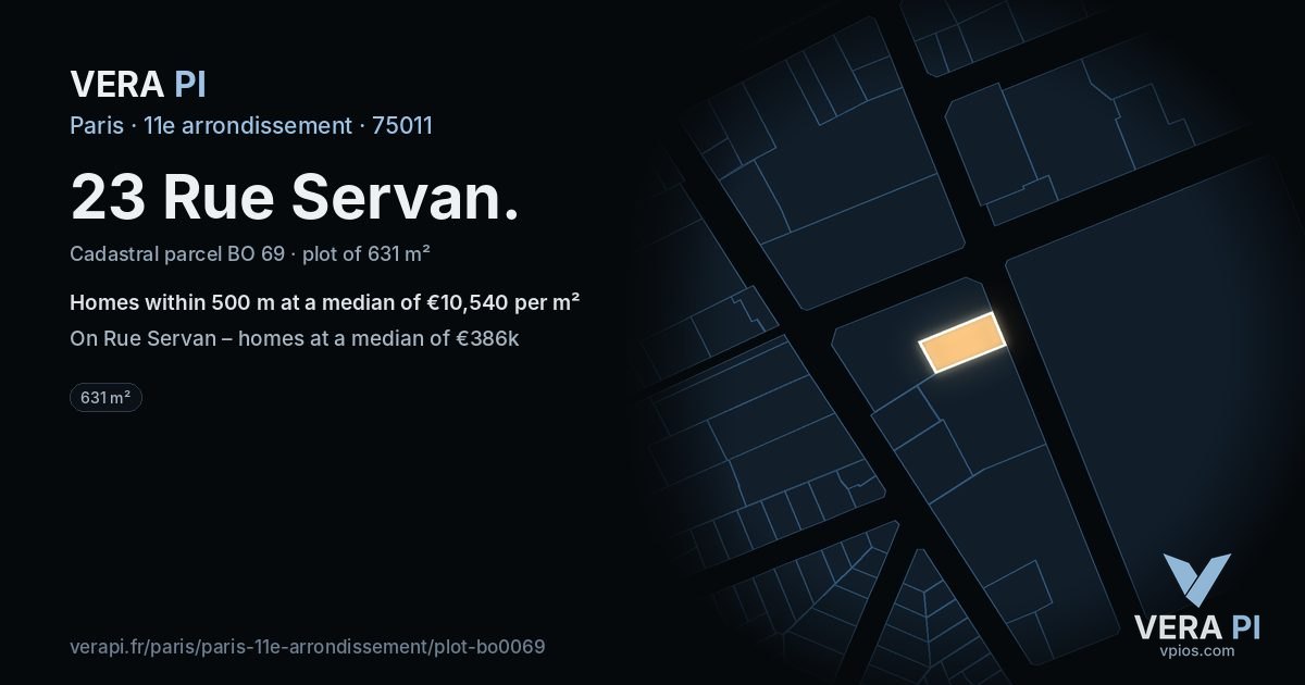23 Rue Servan, 11e arrondissement at night – the plot lit, the parcels around coloured by the prices near them