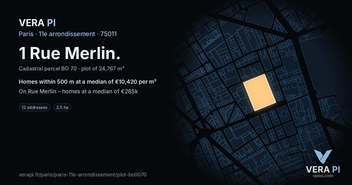 1 Rue Merlin, 11e arrondissement at night – the plot lit, the parcels around coloured by the prices near them