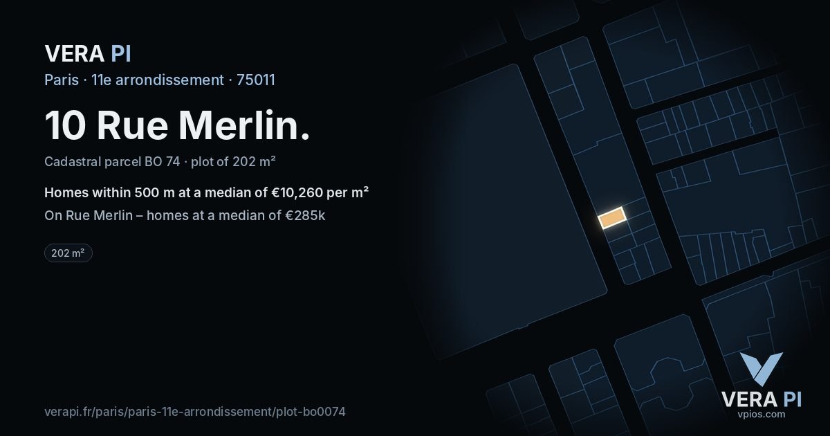 10 Rue Merlin, 11e arrondissement at night – the plot lit, the parcels around coloured by the prices near them