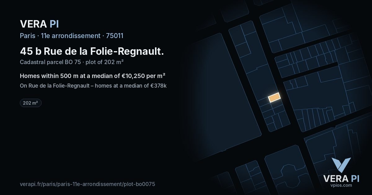45 b Rue de la Folie-Regnault, 11e arrondissement at night – the plot lit, the parcels around coloured by the prices near them