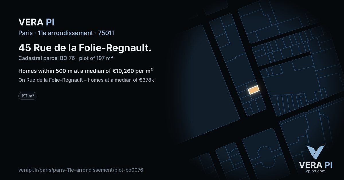 45 Rue de la Folie-Regnault, 11e arrondissement at night – the plot lit, the parcels around coloured by the prices near them