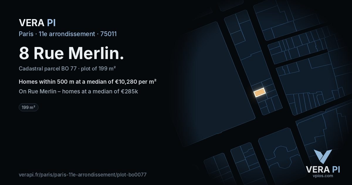 8 Rue Merlin, 11e arrondissement at night – the plot lit, the parcels around coloured by the prices near them