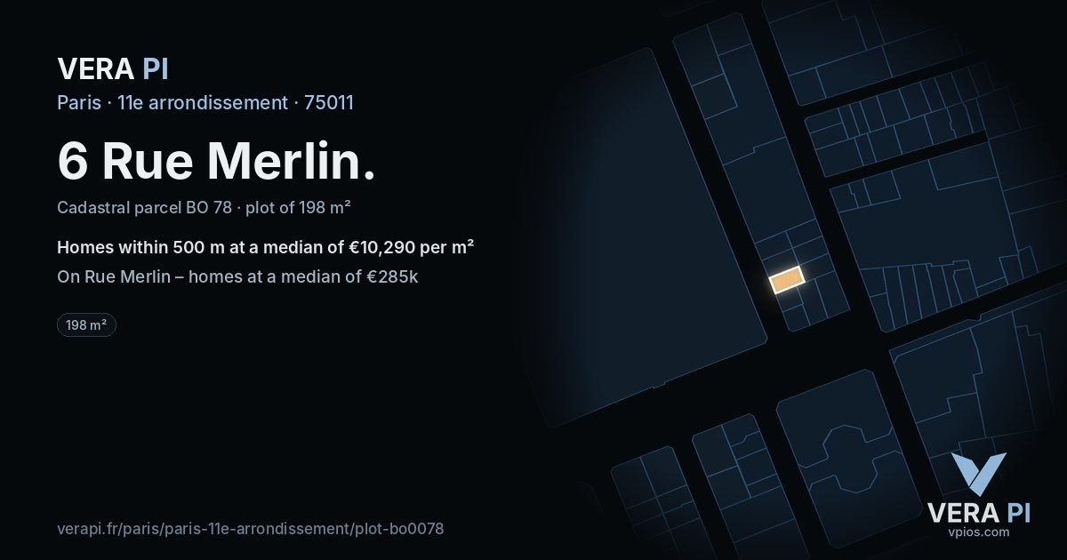 6 Rue Merlin, 11e arrondissement at night – the plot lit, the parcels around coloured by the prices near them