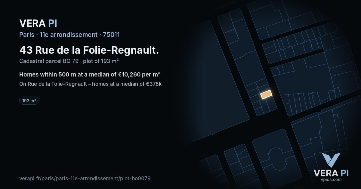 43 Rue de la Folie-Regnault, 11e arrondissement at night – the plot lit, the parcels around coloured by the prices near them