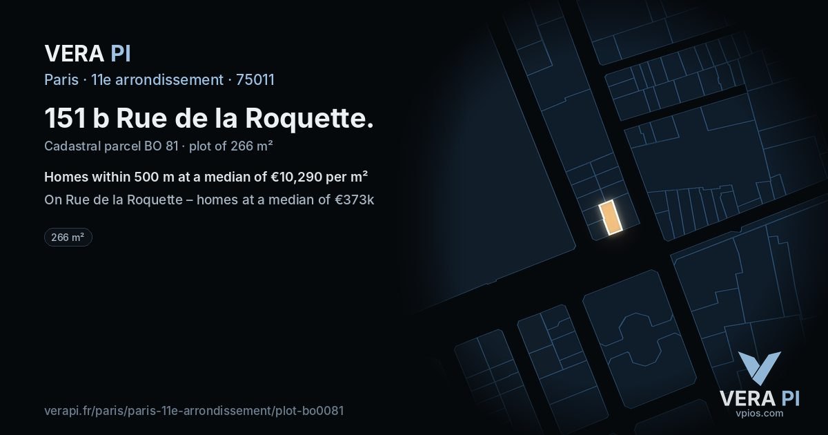 151 b Rue de la Roquette, 11e arrondissement at night – the plot lit, the parcels around coloured by the prices near them