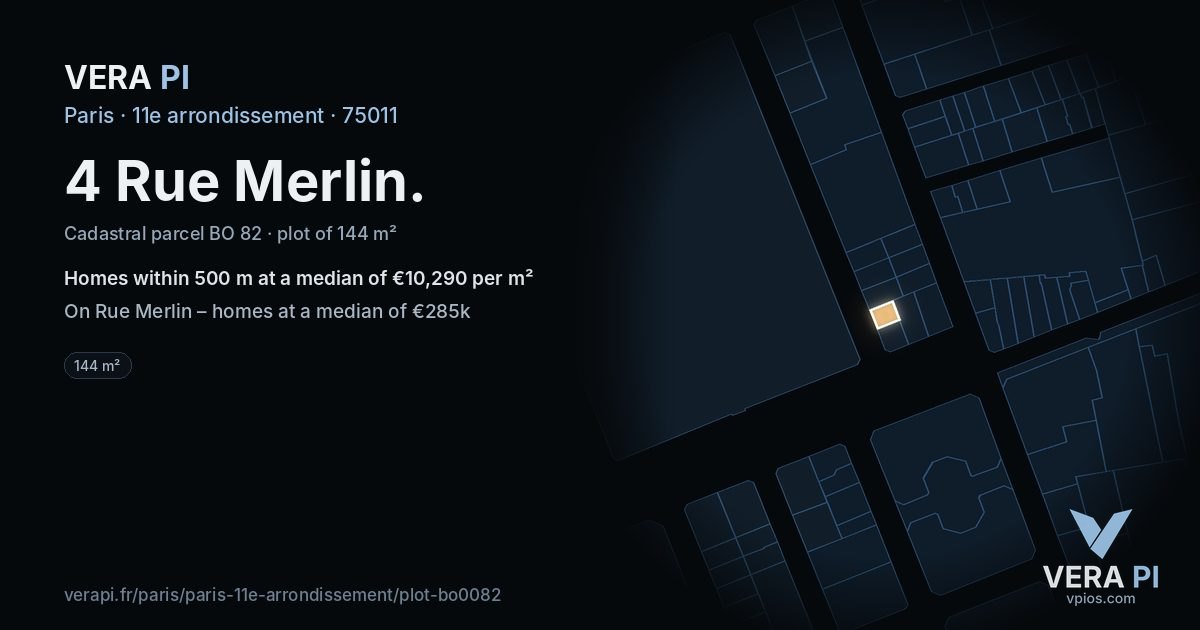 4 Rue Merlin, 11e arrondissement at night – the plot lit, the parcels around coloured by the prices near them