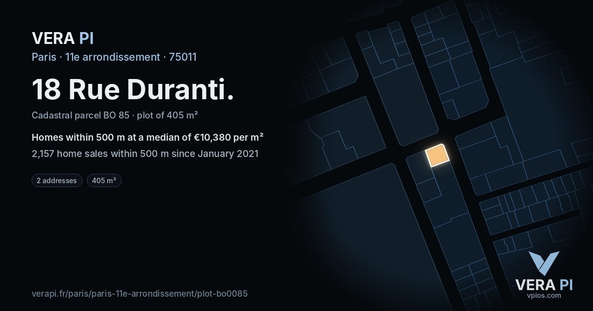18 Rue Duranti, 11e arrondissement at night – the plot lit, the parcels around coloured by the prices near them