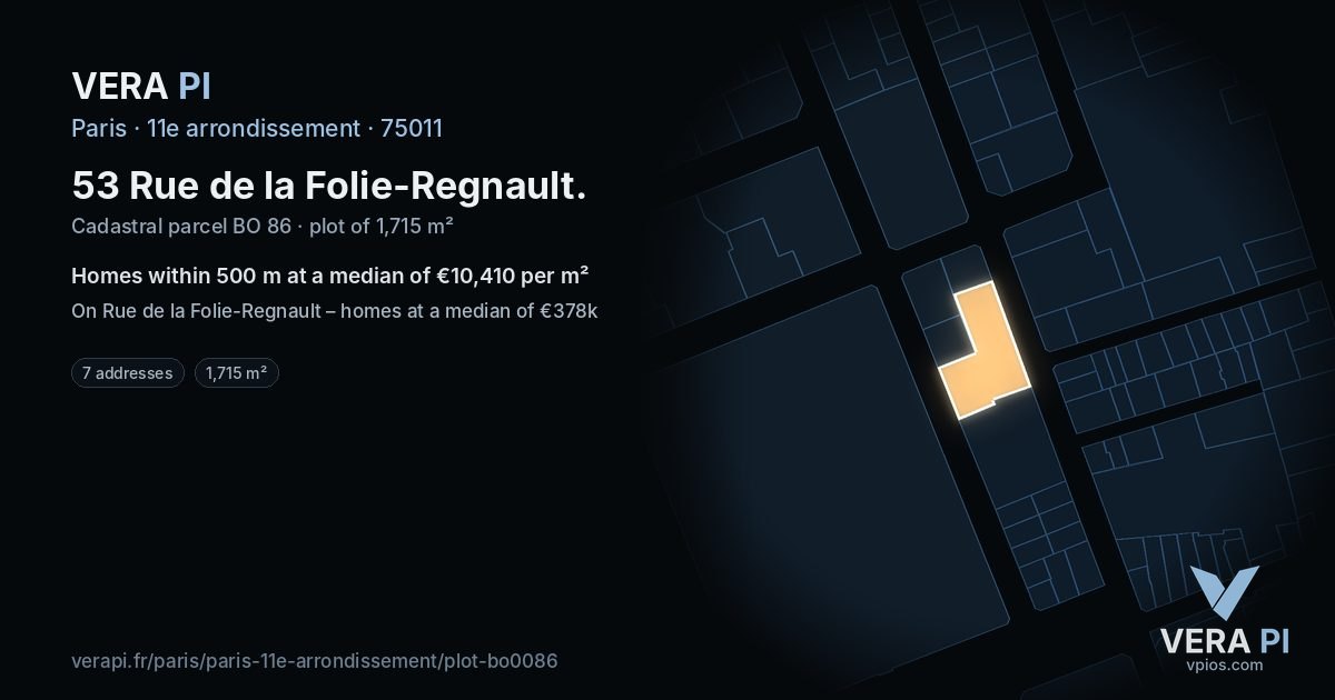 53 Rue de la Folie-Regnault, 11e arrondissement at night – the plot lit, the parcels around coloured by the prices near them